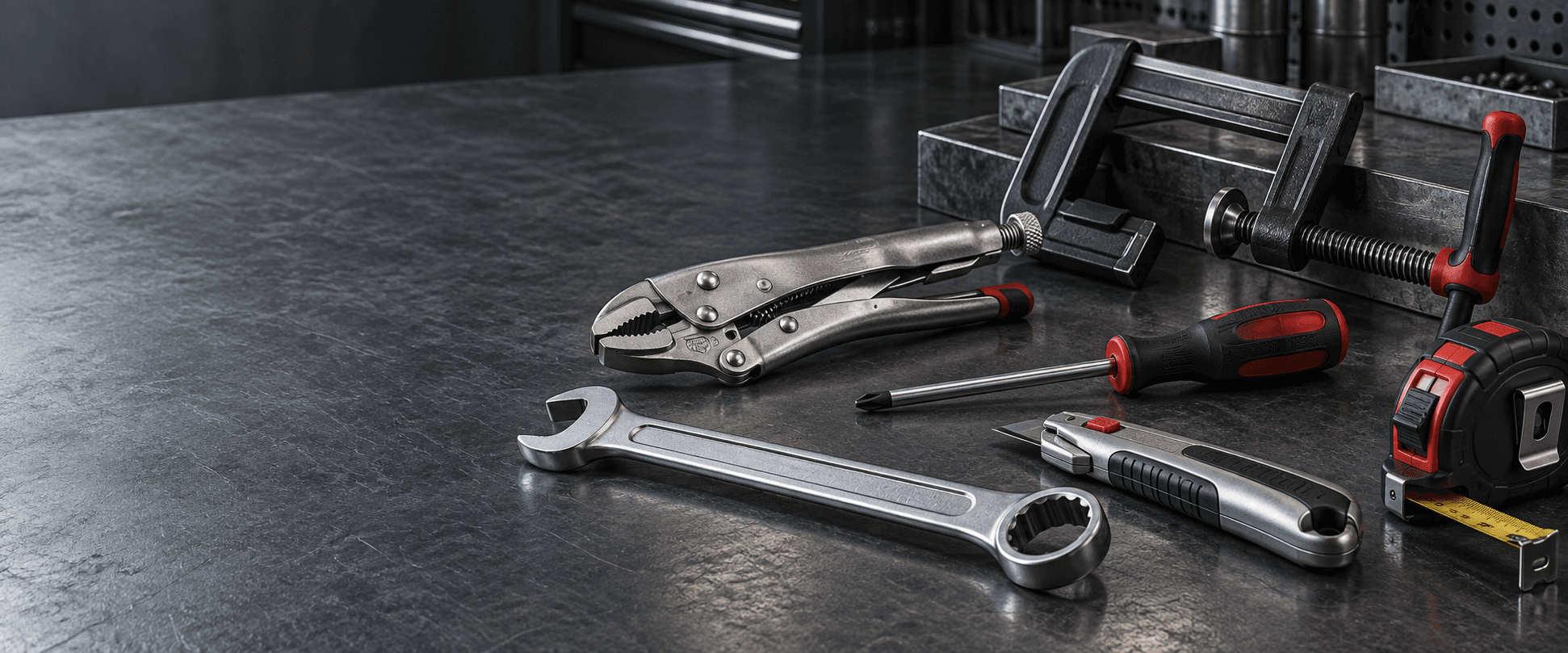 Professional hand tools arranged on a metal workbench