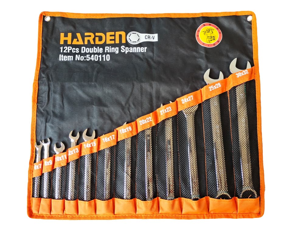 Combination wrench set series arranged in an orange-trimmed tool roll
