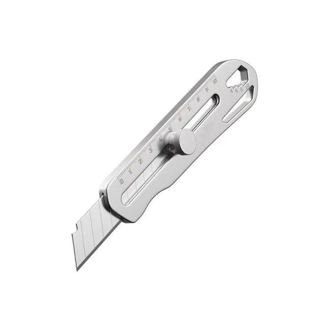 Silver all-steel utility knife with a sliding blade adjustment knob