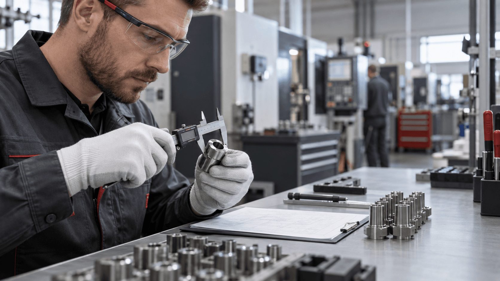 Quality engineer checking a metal component with digital calipers